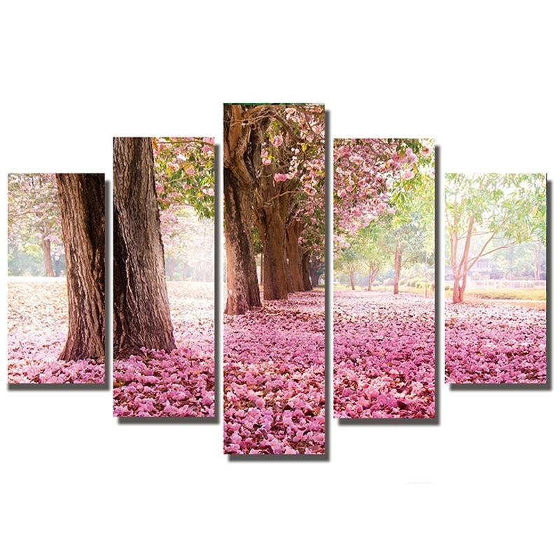 diamond painting vijfluik bomen roze bloezem
