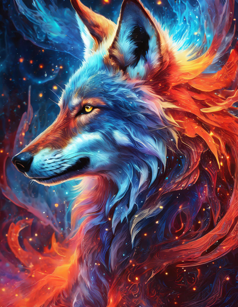 Diamond painting wolf rode en blauwe kleuren 