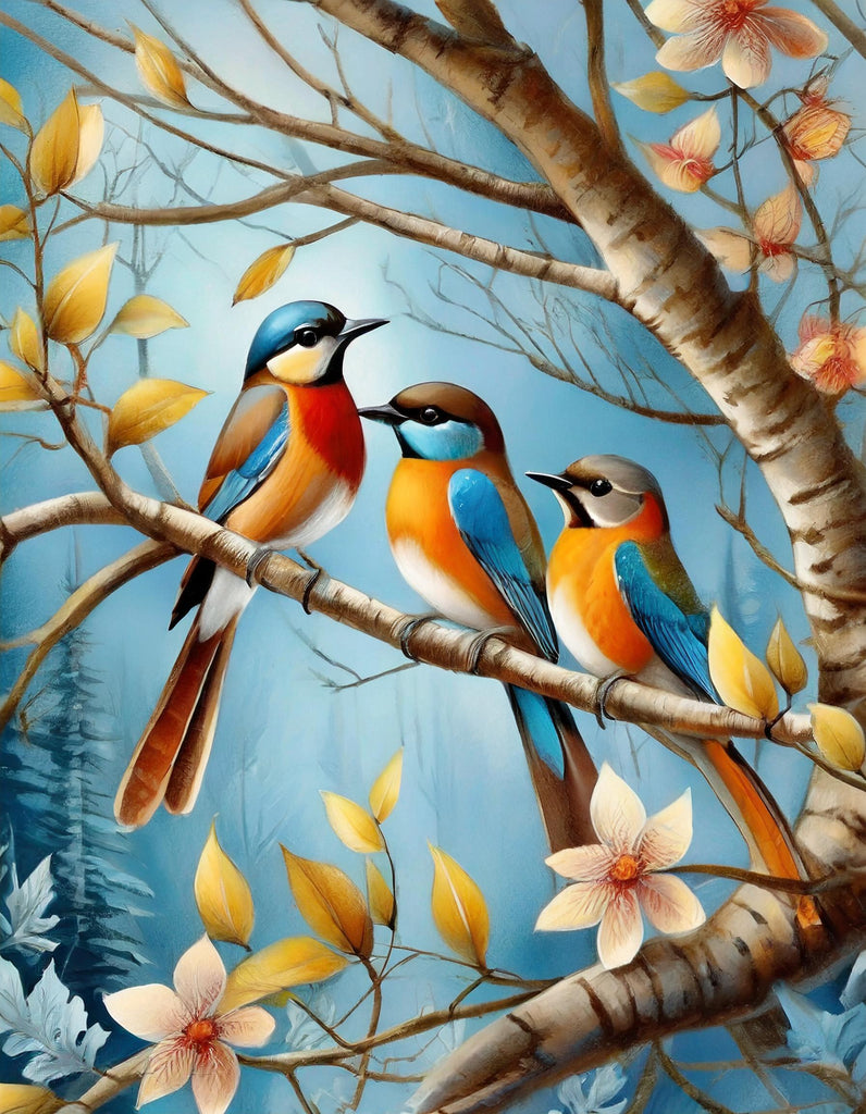 Diamond painting gekleurde vogels zitten in boom