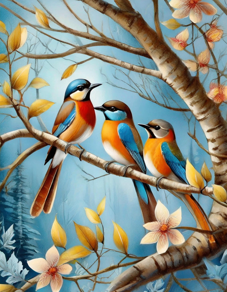 Diamond painting gekleurde vogels zitten in boom