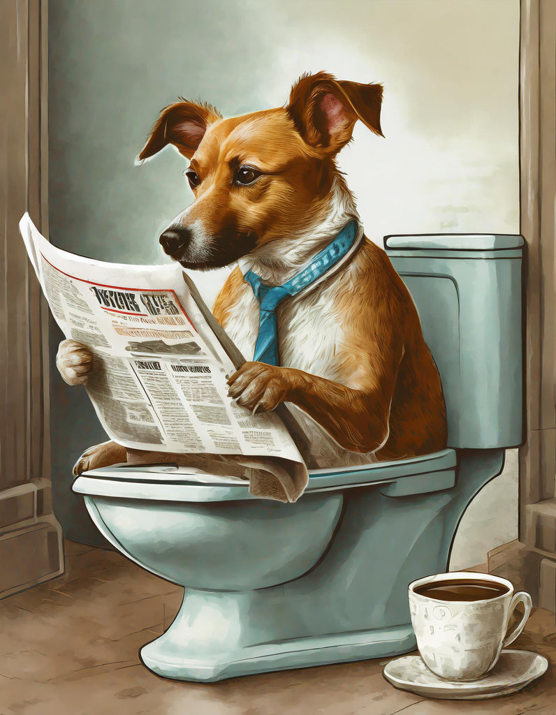 Diamond painting hond leest krant op toilet 