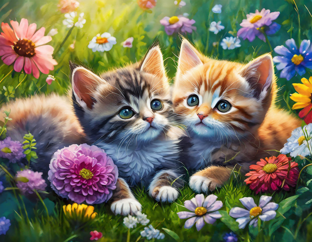 Diamond painting kittens liggen in het gras omringd door kleurrijke bloemen