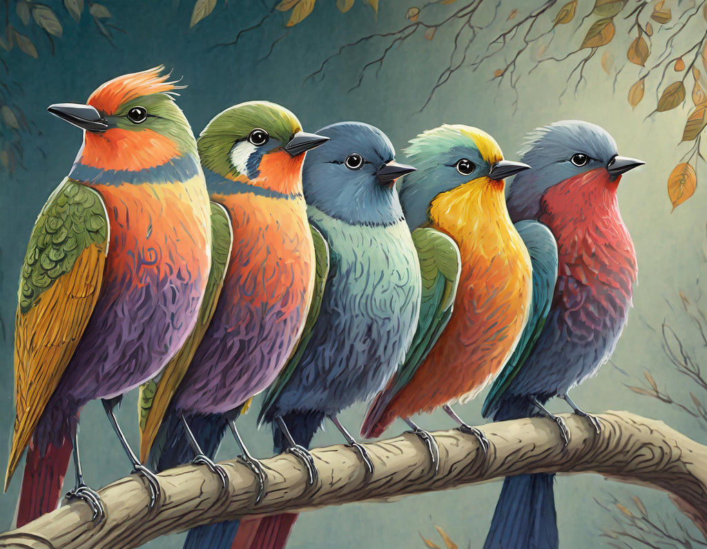 Diamond painting kleurrijke vogels op een rij