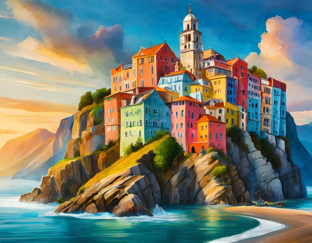 Diamond painting kleurrijke stad op klif