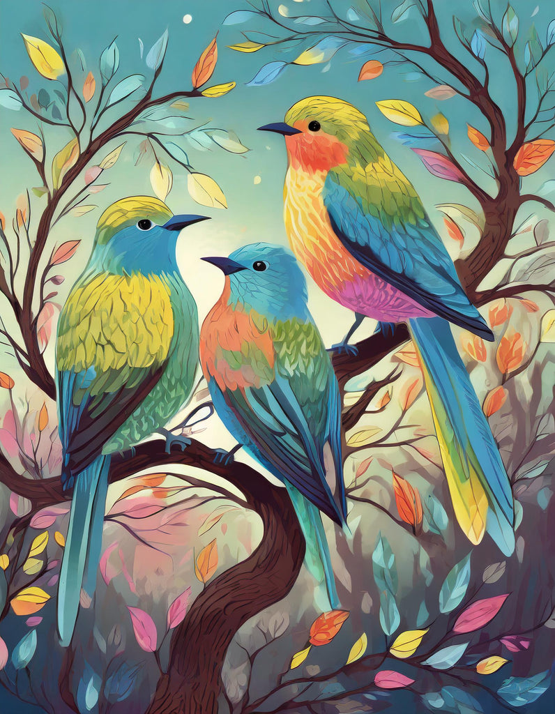 Diamond painting kleurrijke vogels in boom