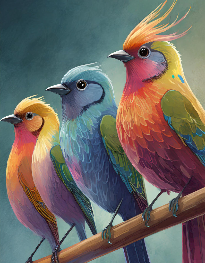 Diamond painting kleurrijke vogels op een rij 