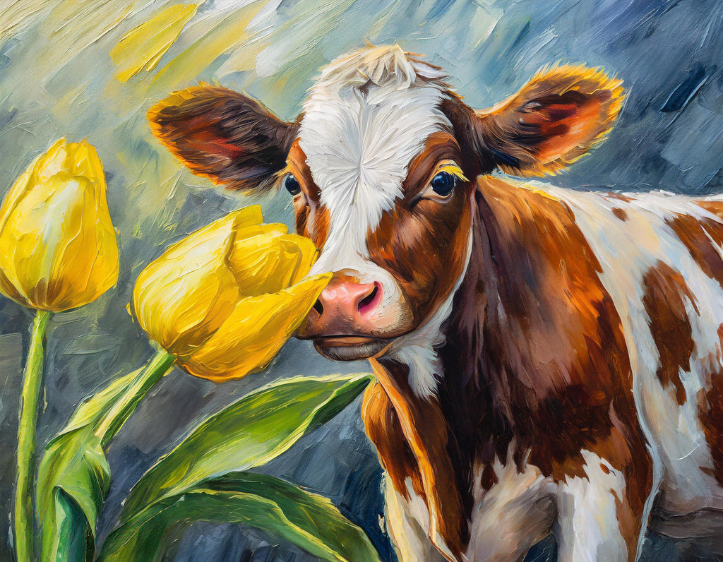 diamond paintign koe bij gele tulpen