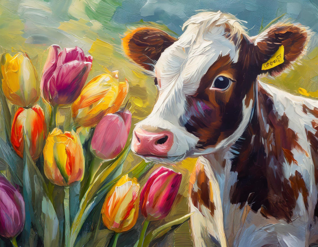 Diamond painting koe bij kleurrijke tulpen 