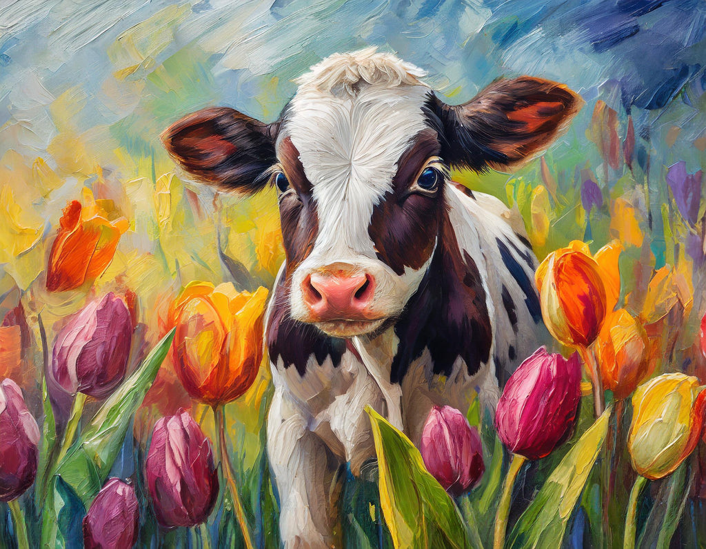 Diamond painting koe bij tulpen kleurrijk