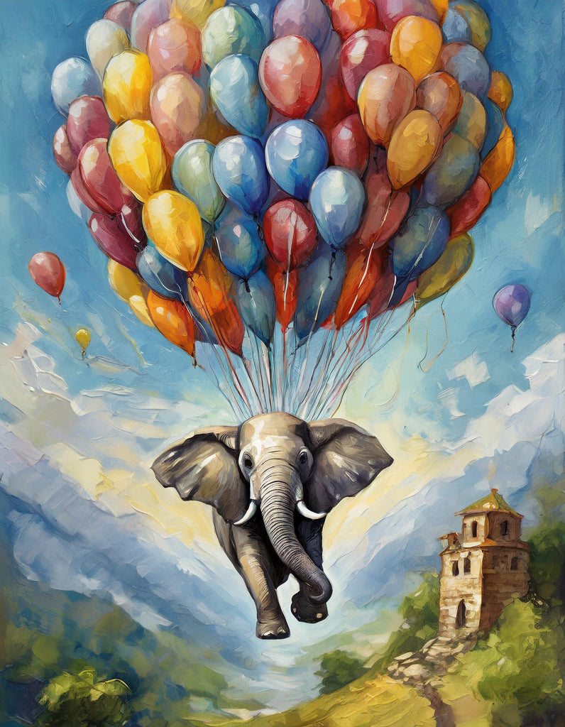 Diamond painting olifant vliegt in de lucht aan ballonnen 