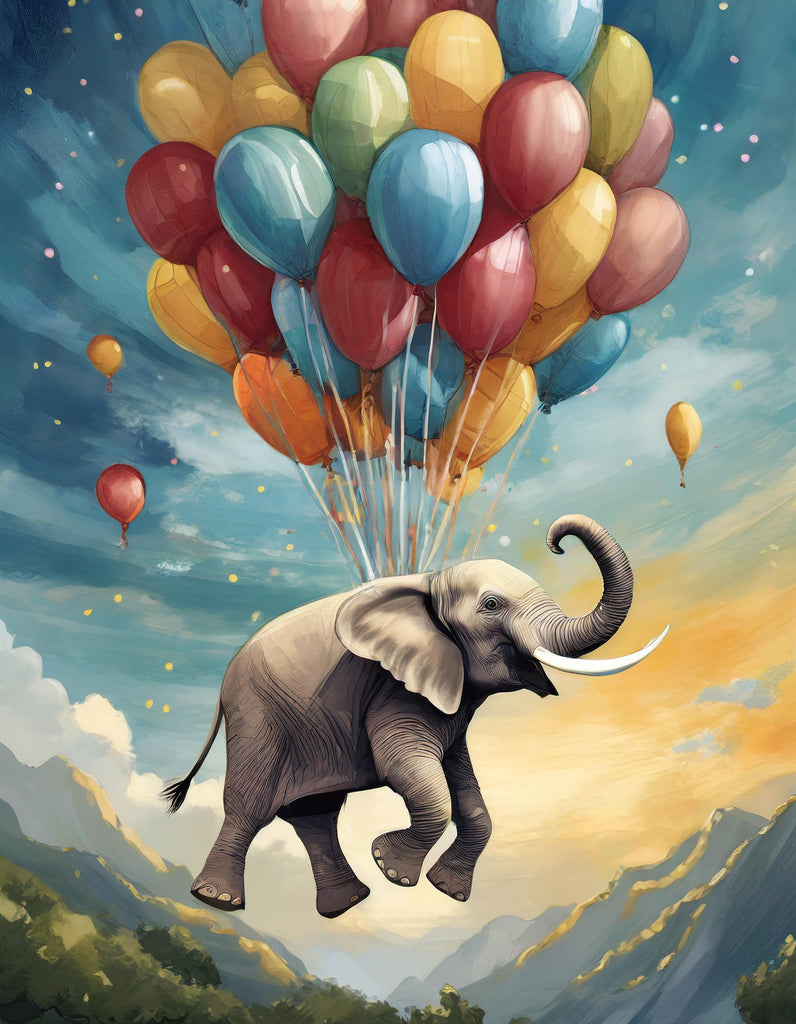 Diamond painting olifant vliegt in de lucht ballonnen