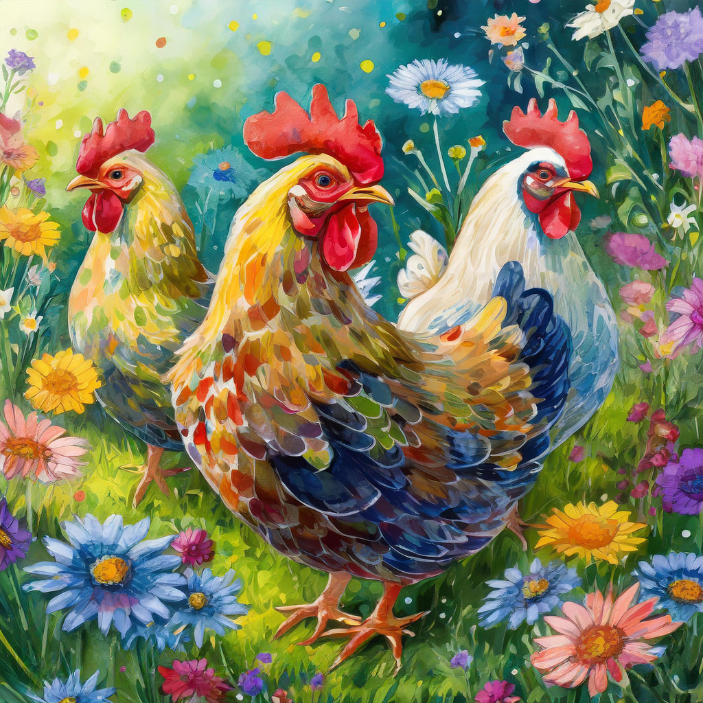 diamond painting pasen drie kippen