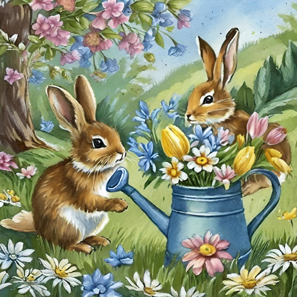 Diamond painting pasen konijnen gieter lente