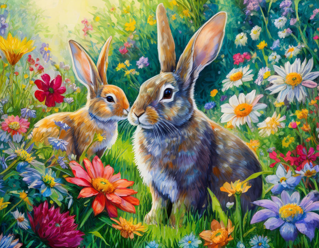 Diamond painting pasen konijnen kleurrijke bloemen