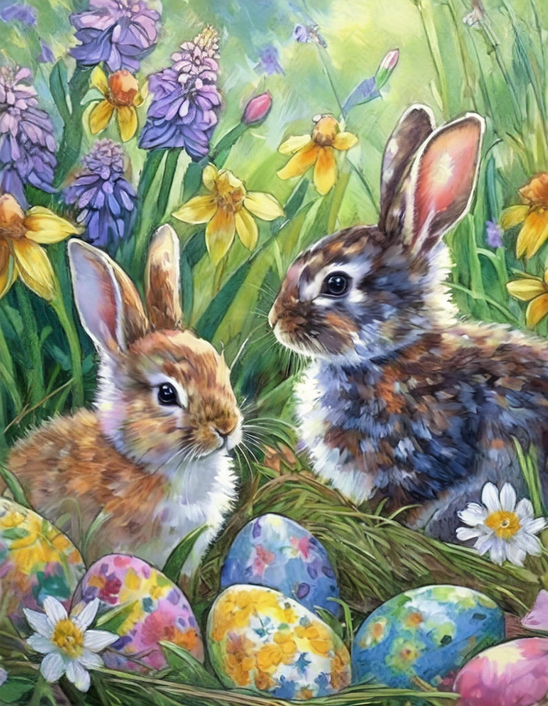 Diamond painting pasen twee konijnen met paaseieren