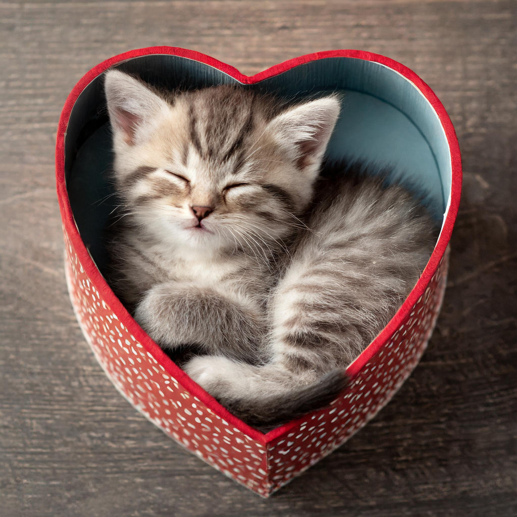 Diamond painting slapende kitten in hartvormige doos