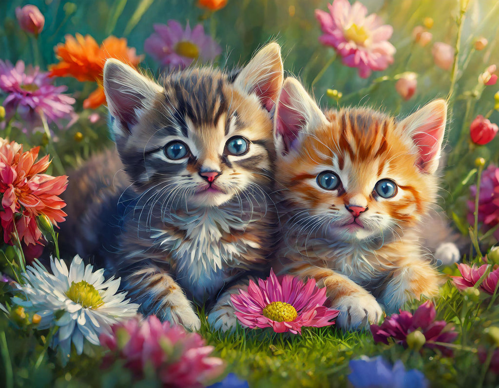 Diamond painting twee katten liggen in het gras tussen de bloemen 