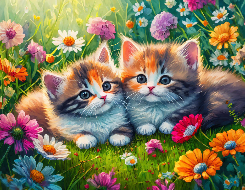 Diamond painting twee kittens liggen in het gras tussen bloemen