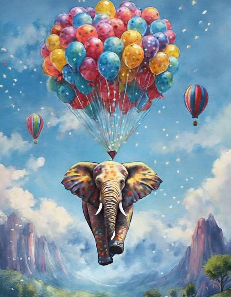 Diamond painting vliegende olifant aan ballonnen
