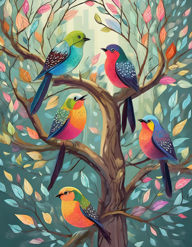 Diamond painting vogels kleurrijk in boom