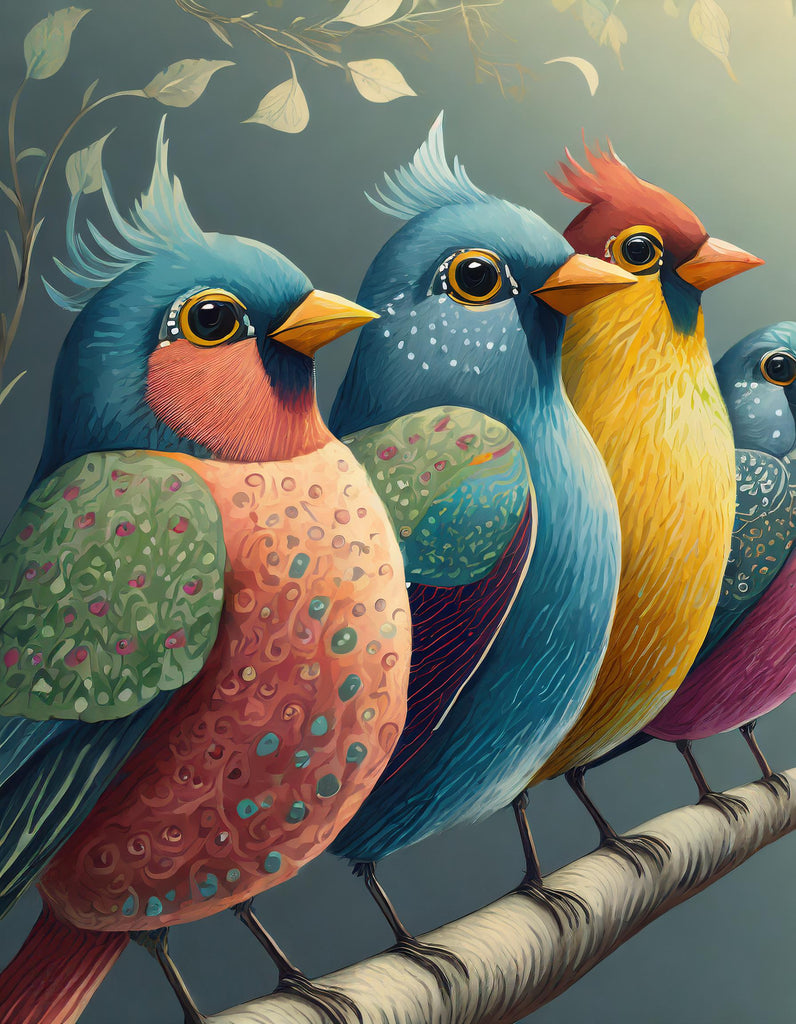 diamond painting vogels op een rij kleurrijk