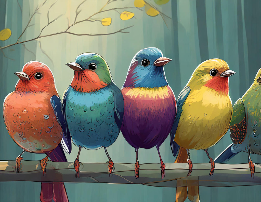 Diamond painting kleurrijke vogels op een rij