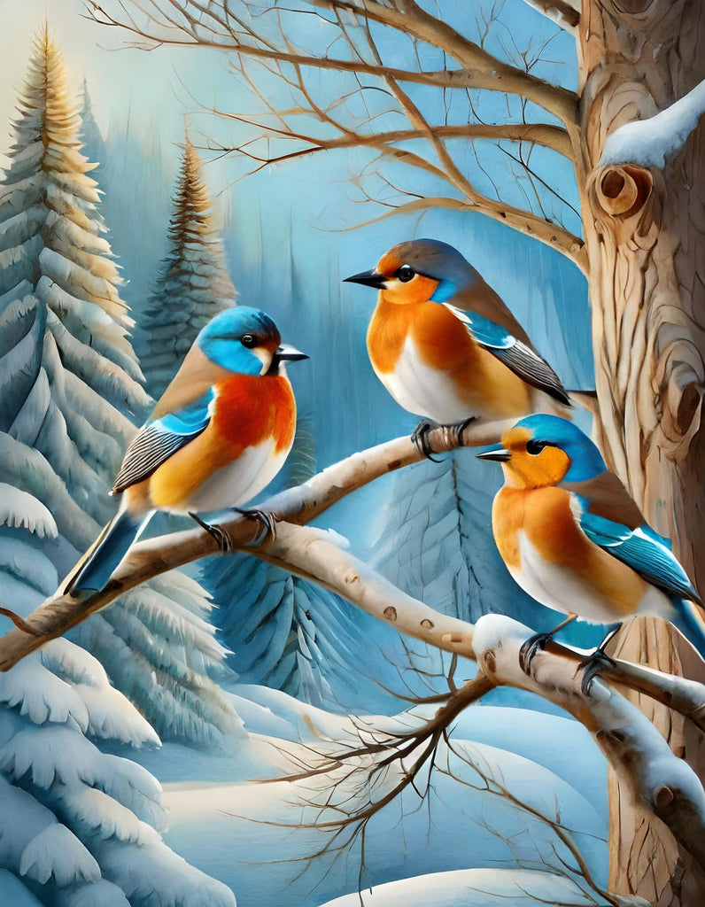 diamond painting gekleurde vogels winterlandschap