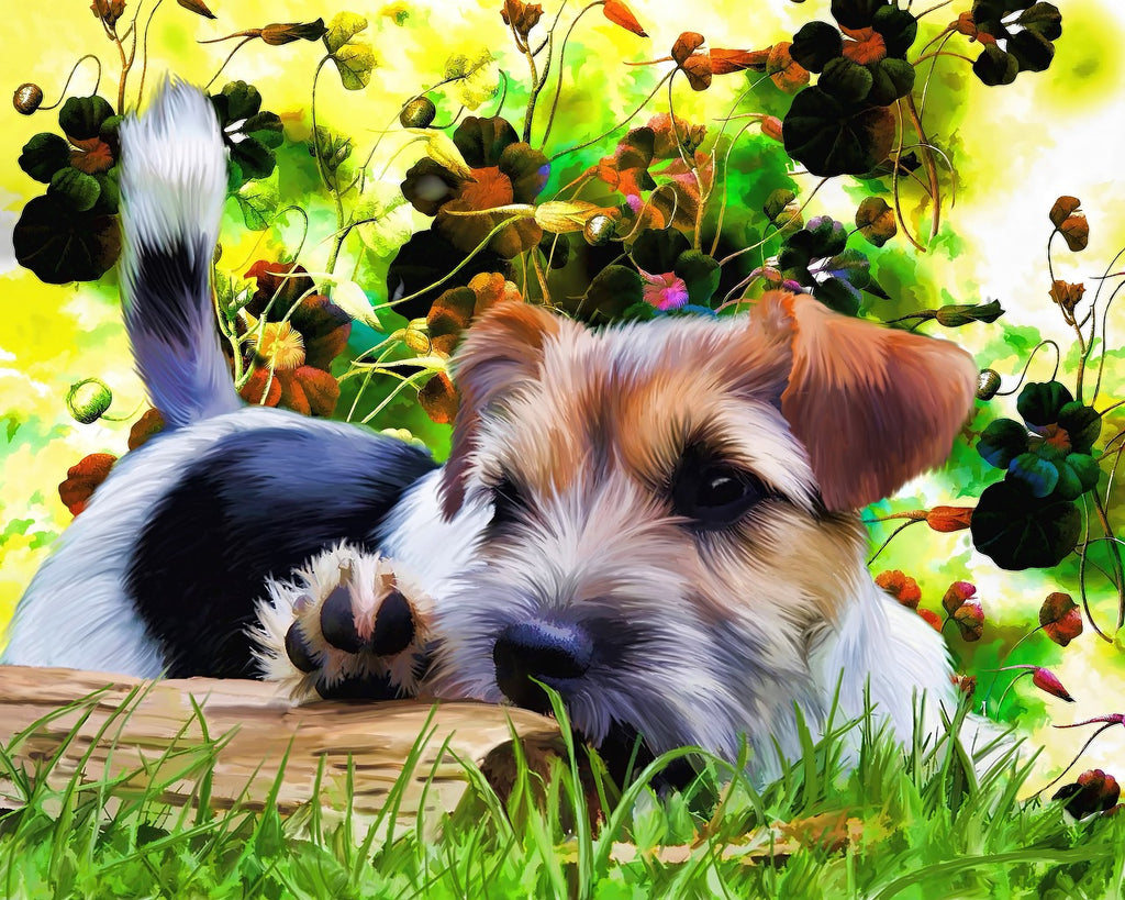 Diamond painting hond terriër puppy bloemen