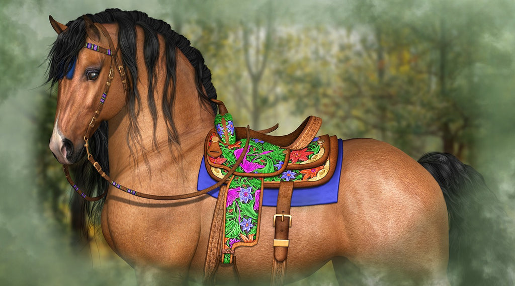 Diamond painting paard met kleurrijk zadel