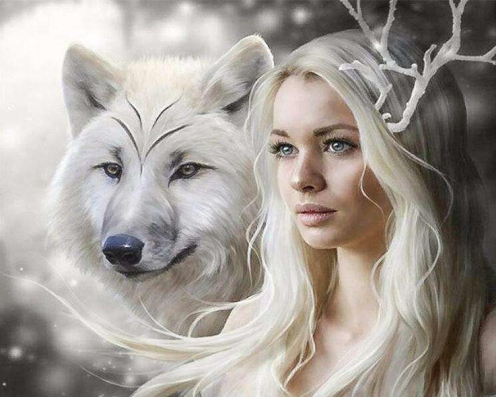 Diamond painting witte wolf met blond meisje