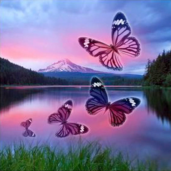 diamond painting vlinders paars landschap