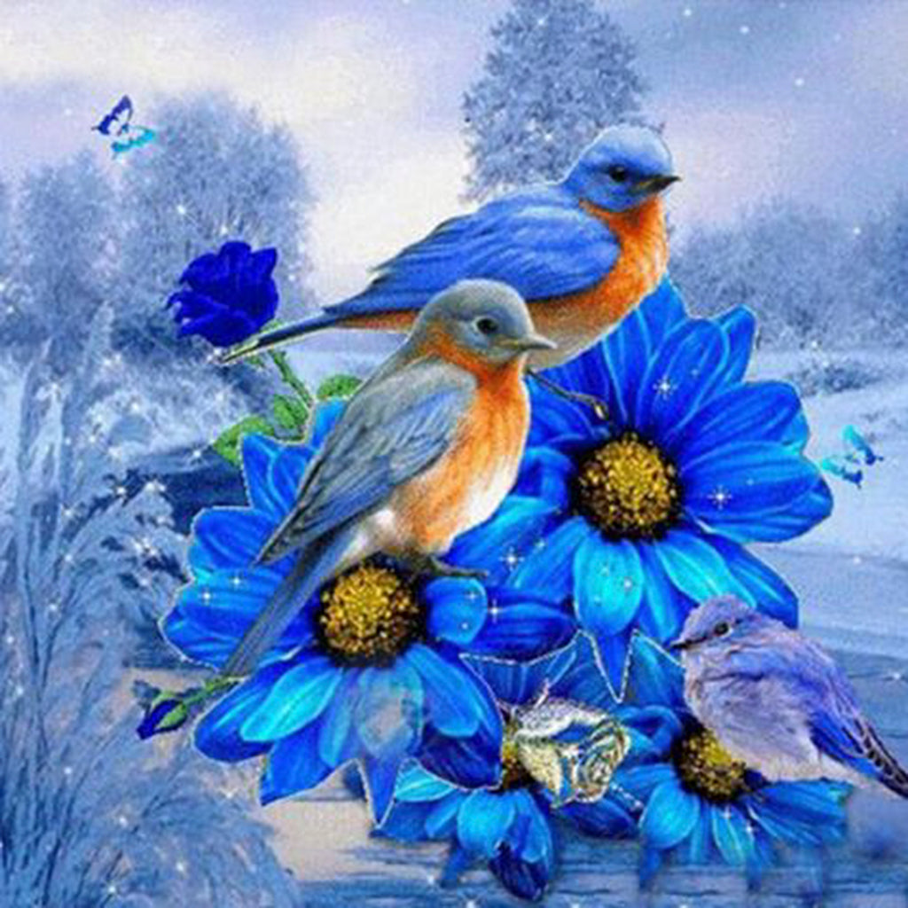 Diamond painting blauwe bloemen en vogels