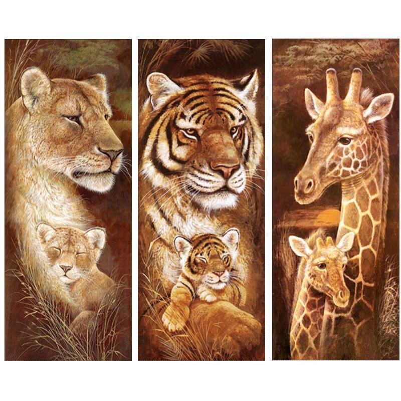 diamond painting drieluik leeuw tijger en giraffe