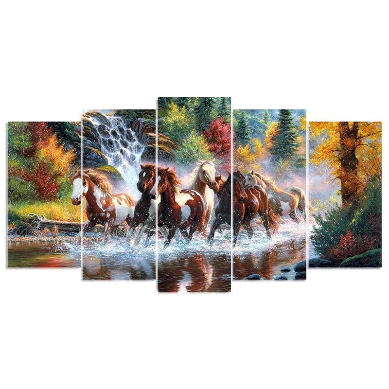 diamond painting vijfluik paarden rennen in het water
