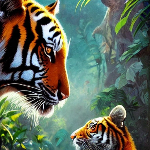 Diamond painting tijger kijkt naar welp