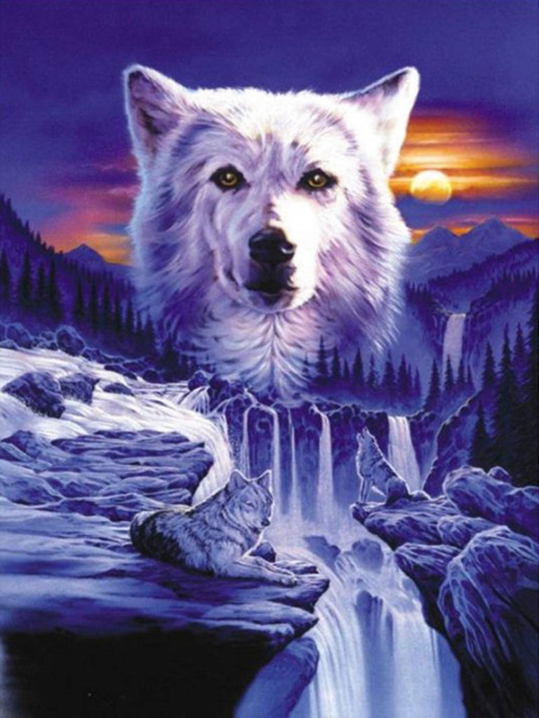 Diamond painting wolf met waterval